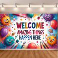 thumbnail image 6 of LUUFILx Welcome Amazing Things Happen Here Banner Kids Room Decor Background Backdrop School Party Decorations Art Supplies Fun Play Area Classroom Hanging, 6 of 7