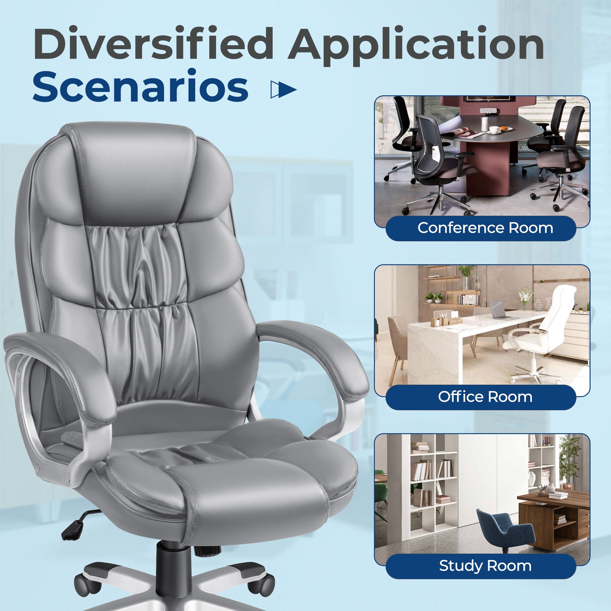 Vineego Office Chair High Back Computer Chair Ergonomic Desk Chair, PU Leather Adjustable Height Modern Executive Swivel Task Chair,Gray