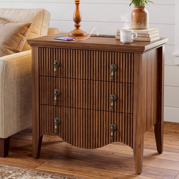 FUSUNBAO Vintage Nightstand with Charging Station,3 Fluted Drawers,Walnut