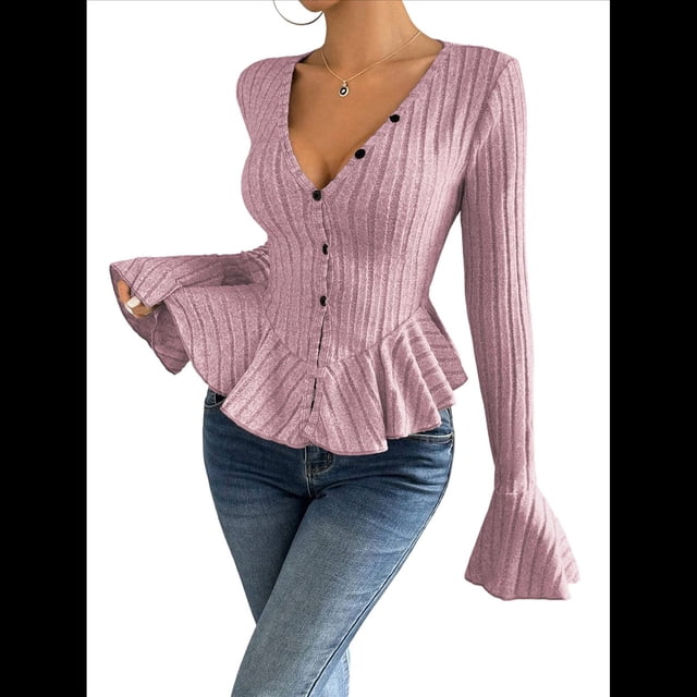 Camiseta Elegante de Larga con Cuello en V para Mujer, Otoño e Invierno, con Volantes, Corte Entallado y Mangas Acampanadas Rosa M
