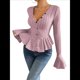 thumbnail image 1 of Camiseta Elegante de Larga con Cuello en V para Mujer, Otoño e Invierno, con Volantes, Corte Entallado y Mangas Acampanadas Rosa XL, 1 of 9