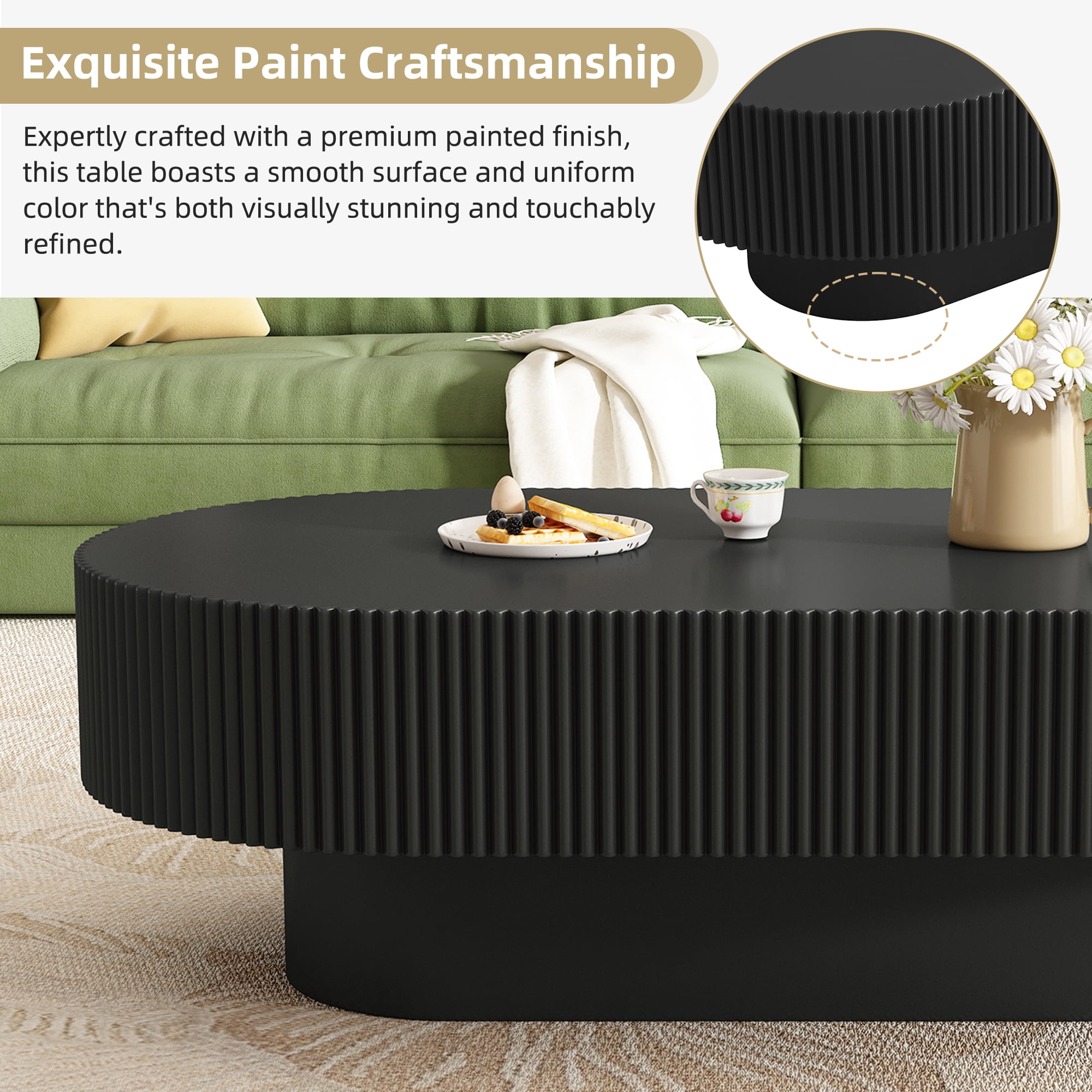 Harper & Bright Designs Wood Fluted Coffee Table, Modern Drum End Table, Oval Center Table with Sturdy Base for Living Room, Black