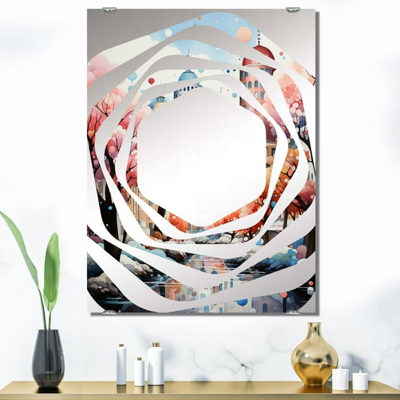 Designart "Blush Cityscape Art Deco Charm II" City Art Deco Oversized Wall Mirror - Industrial Cityscapes Entryway Big Wall Mirror - Multiple Color Options