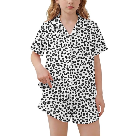 ITSAME Girls Outfit Sets, Fashion Print Lapel Button Up Tops and Shorts Casual Home Clothes 2-Piece Black Size 10