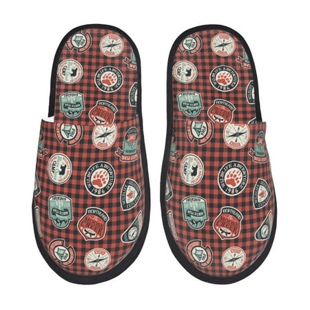 

Qekee Mountain Adventure Badges print Slippers for Women and Men Fluffy Cute Cozy House Slipper Funny Furry Bedroom Slippers for Women Indoor -Medium