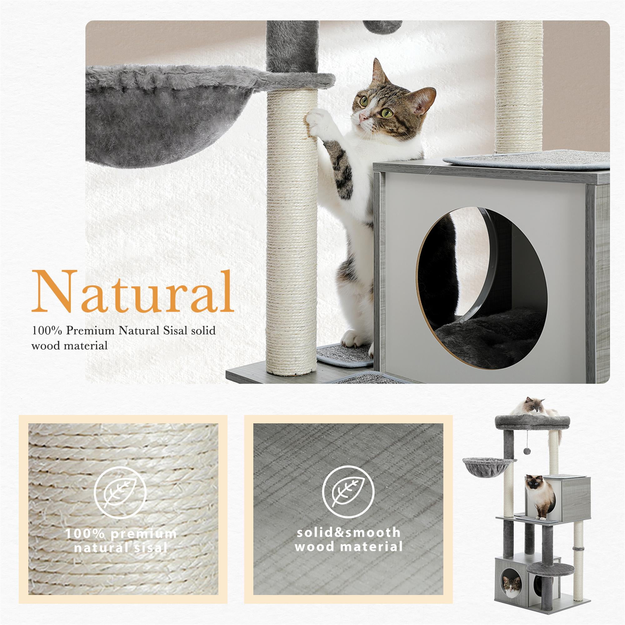 Kadyn 51" Modern Cat Tree for Large Cat, Wood Cat Tower with Scratch Post for Indoor Big Cats, Cat Condo for Kittens, Gray