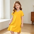 thumbnail image 2 of HAYIMI Girls V Neck Dresses, Short Sleeve Side Split Loose Solid Color Casual Kids Dress for Summer Bedroom Wear Relaxed Fit Sundress, 2 of 4
