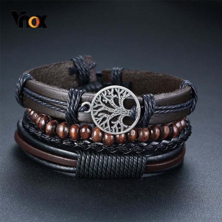 4 Pack Men's Braided Leather Bracelets With Stainless Clasp - Layered Cowhide Cuff Bracelets In Black & Brown