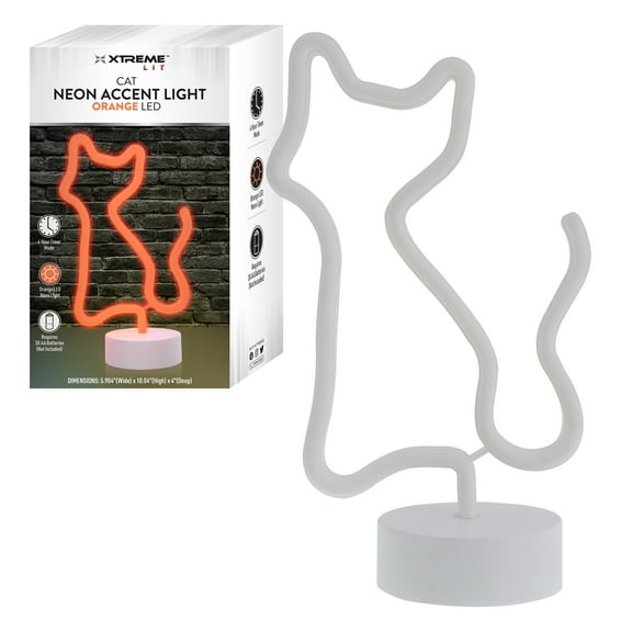 Xtreme Lit 10" Orange Cat Neon Accent LED Light Table Lamp, 4 Hour Timer, Battery Powered 3 AA Batteries