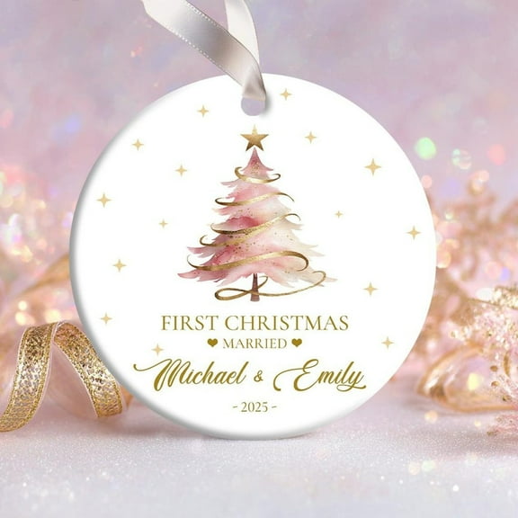 First Christmas Married Ceramic Ornament – Custom Pink Tree Keepsake with Names & Date, Personalized 2025 Gift for Couples