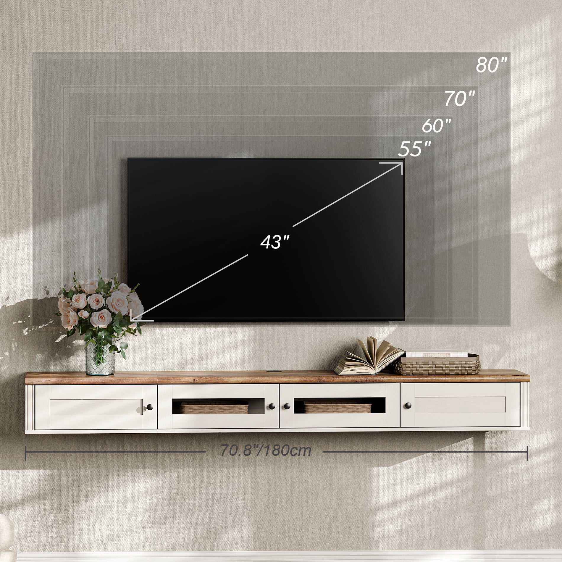 Wooden Wall-Mounted TV Shelf with Charging Station，White