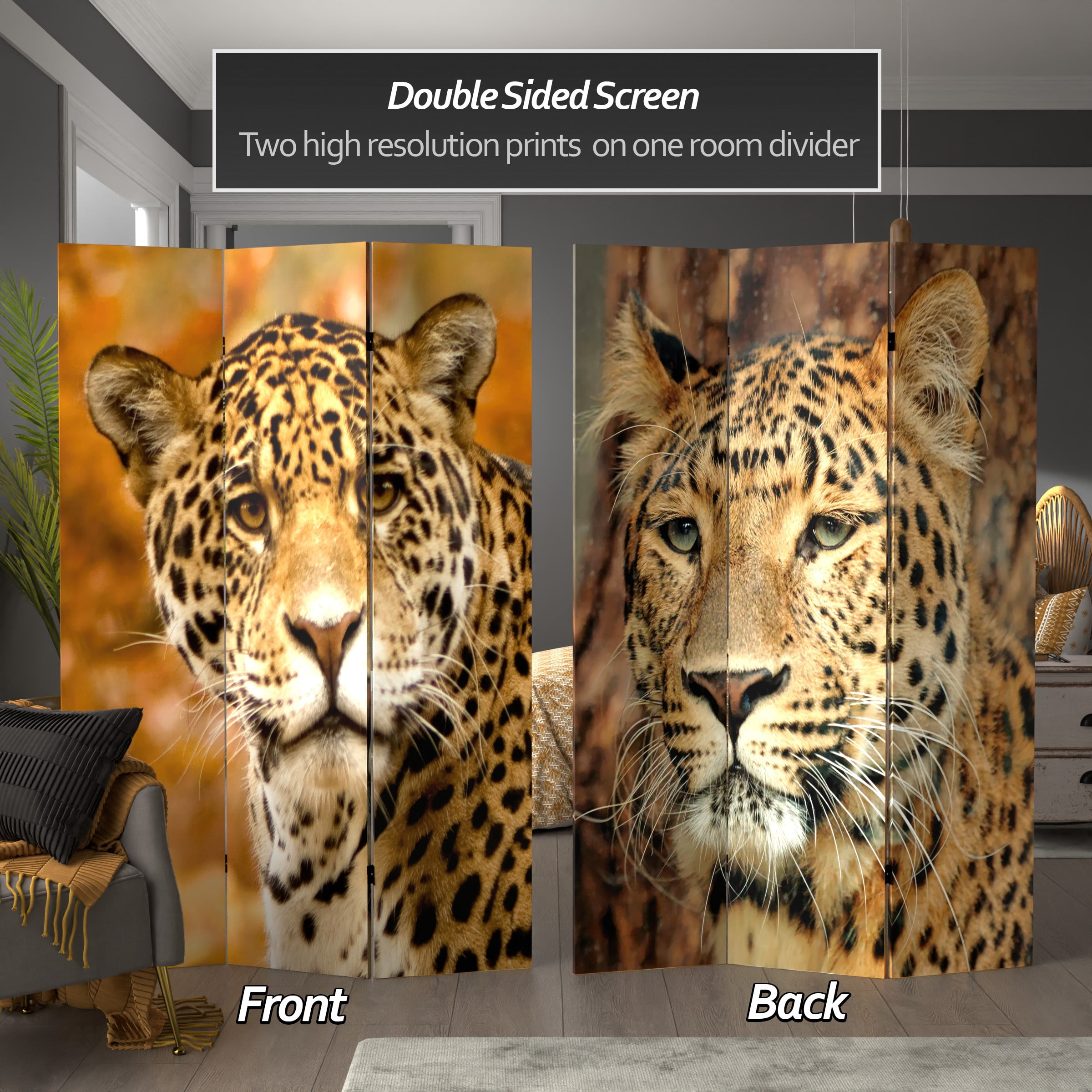 6 ft. Tall Faux Leopard Skin Print Canvas Room Divider Folding Screen