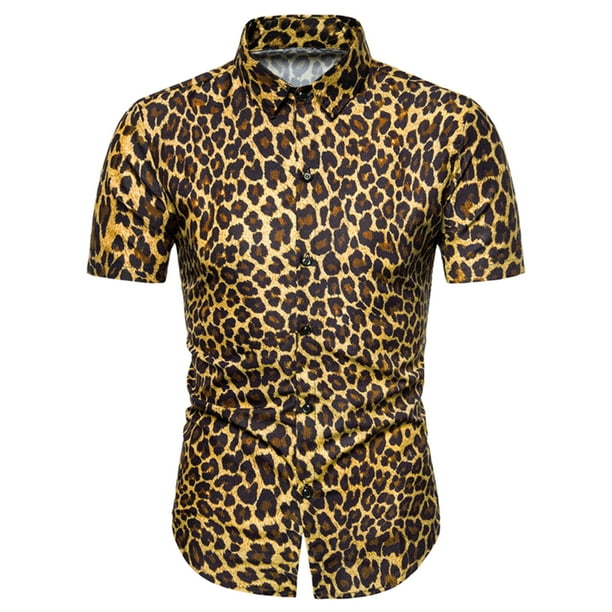 Lars Amadeus Camisas con estampado de leopardo pahombre, mangas cortas con botones, camisas con estampado de guepardo animal vintage Amarillo XL