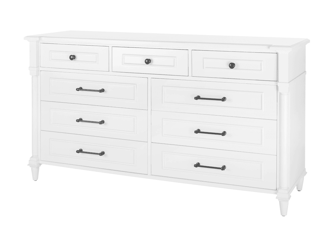 Bellmore White 9 Drawer Dresser 66 In, 96 Inch Wide Dresser