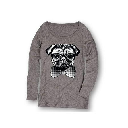Pug Wearing Houndstooth Bowtie Thick Glasses Funny Hipster Urban Ladies L/S Tee