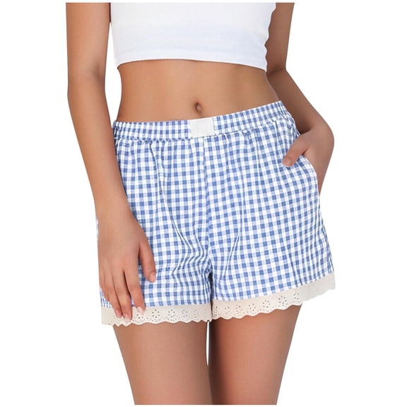 APEXFWDT Pajama Shorts for Women Lace Trim Sleep Pajama Summer Casual Loungewear Shorts with Pockets,S,Light Blue