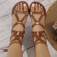 thumbnail image 3 of Rokment Women's Roman Vintage Flat Dress Sandals Beach Casual Gold Metal Buckles Leather Open Toe Fisherman Gladiator Walking Summer Shoes Brown Size 6.5, 3 of 4
