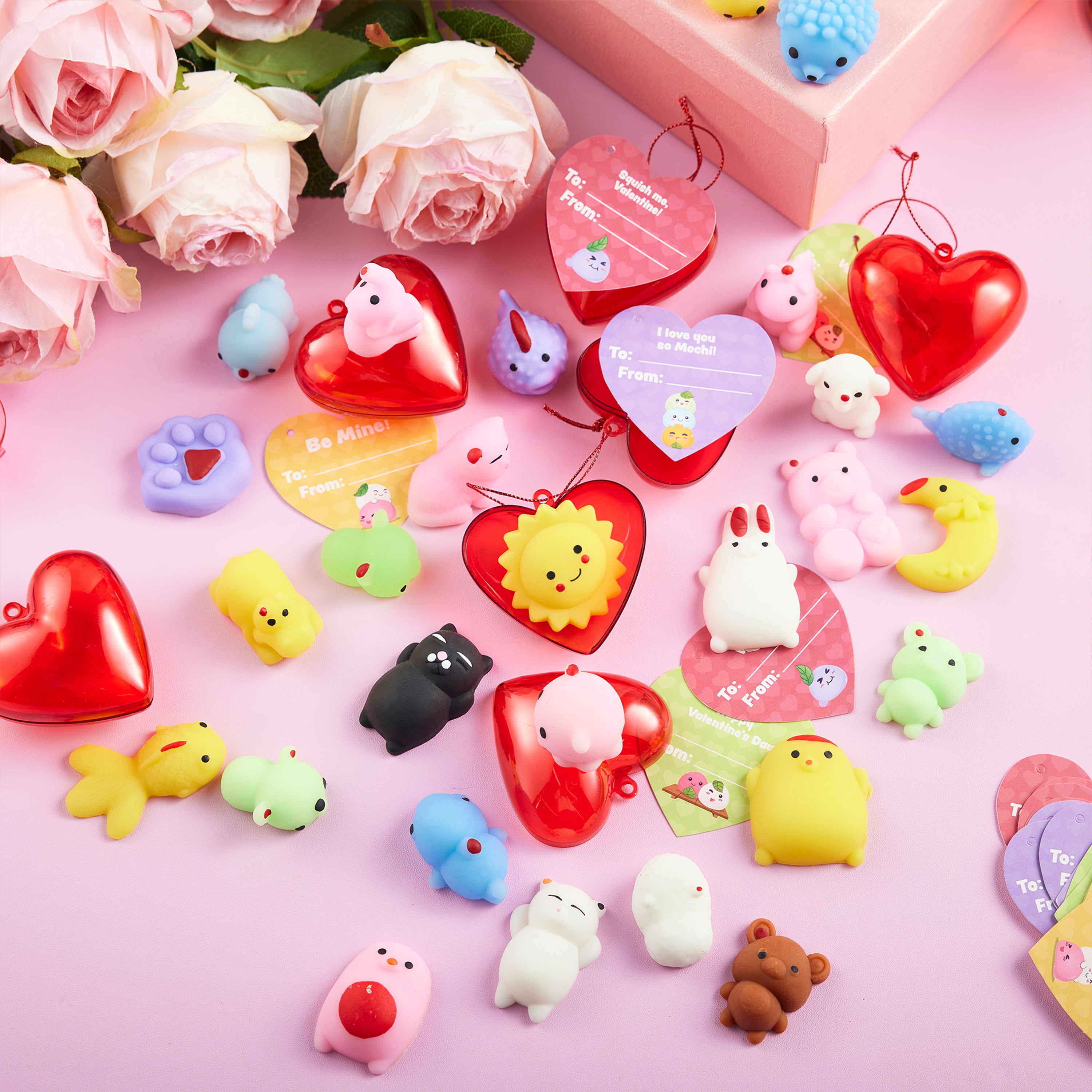 Joyfy 28 Packs Valentines Gifts for Kids, Stress Relief Mochi Squishy Toys Filled Hearts for Kids Classroom Exchange Cards Gifts, Valentines Party Favors