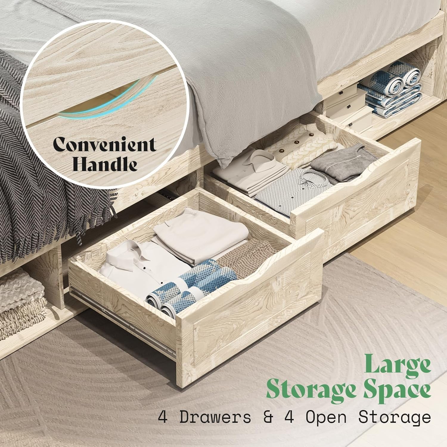 Amerlife Queen Size Storage Bed Frame with 4 Drawers & LED Light, Charging Station, Rustic White