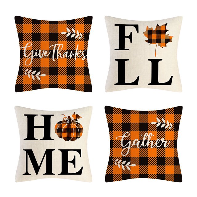 Funie Ensemble de 4 Housses de Coussin Résistantes à l'Usure Lin Orange Noir Halloween Coussin Décoratif pour la Maison