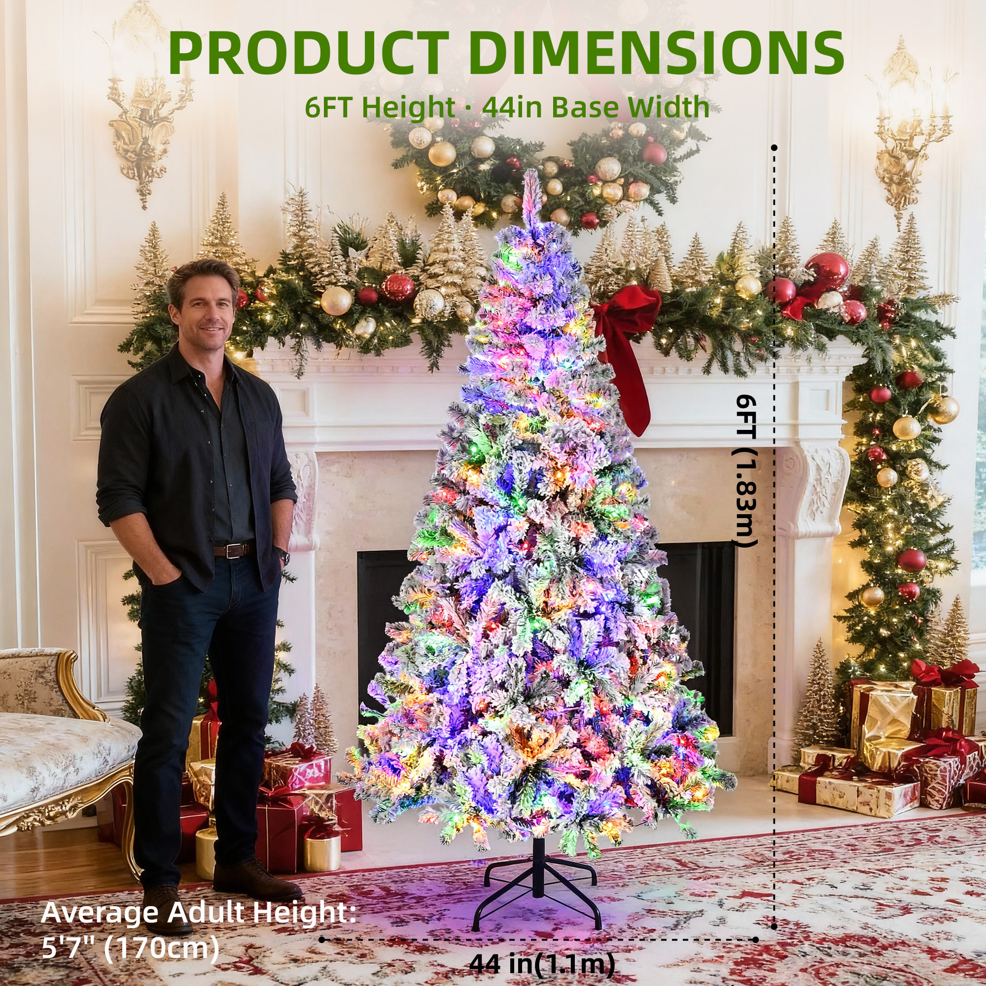 Furnibear 6ft Pre-Lit Flocked Christmas Tree, 1000 Tips with 250 Color Changing Lights & Auto Fluff
