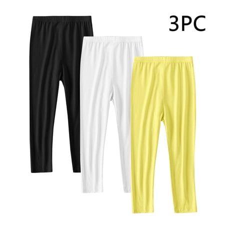 Eltusu Girls Leggings Elastic Waist 3 Pieces Stretch Solid Color Tight Pants Yellow Size 12-13 T