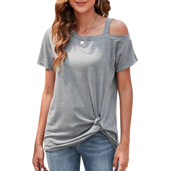 LELINTA Women's Casual Cold Shoulder T-Shirt Summer Short Sleeve Tunic Tops Front Knot Side Twist Blouses, Black/ Dark Grey/ Wine Red, S-2XL