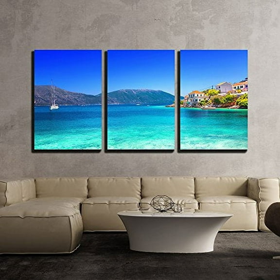 wall26 - 3 Piece Canvas Wall Art - Fiskardo Village, Kefalonia Island, Greece - Modern Home Art Stretched and Framed Ready to Hang - 24"x36"x3 Panels