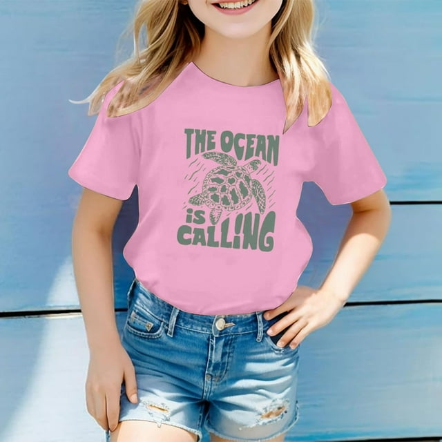 Girls Tops Casual Children's Multicolor Letter Pattern Print Short Sleeve Round Neck Tees and Shirts