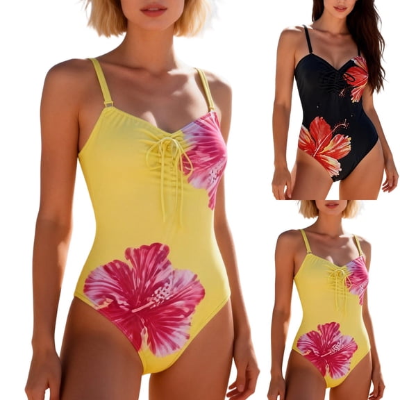 Laipiong Women Tummy Control One Piece Swimsuit 2026 Summer Floral Print Drawstring V Neck Bikini Sets Beach Vacation Bathing Swimwear
