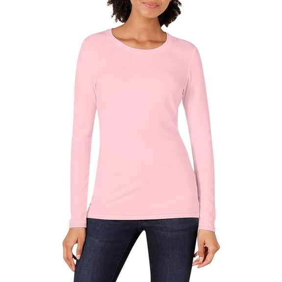 JDEFEG Women's Classic Fit Long Sleeve Tops Crew Neck Solid Color Relaxed Fit Base T Shirt Loose Fit Casual Crewneck T-Shirt Pink Size Xl