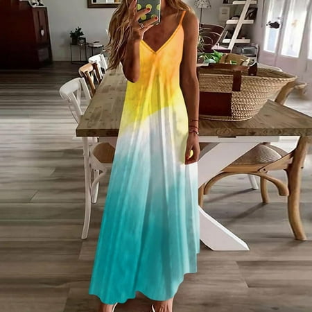 Usdian Graduation Dress Sleeveless Tank Dresse Boho Dresses Womens Summer Outfits Womens Summer Dresses Trendy Printed for Traveling Yellow XXL Clearance Sales Today