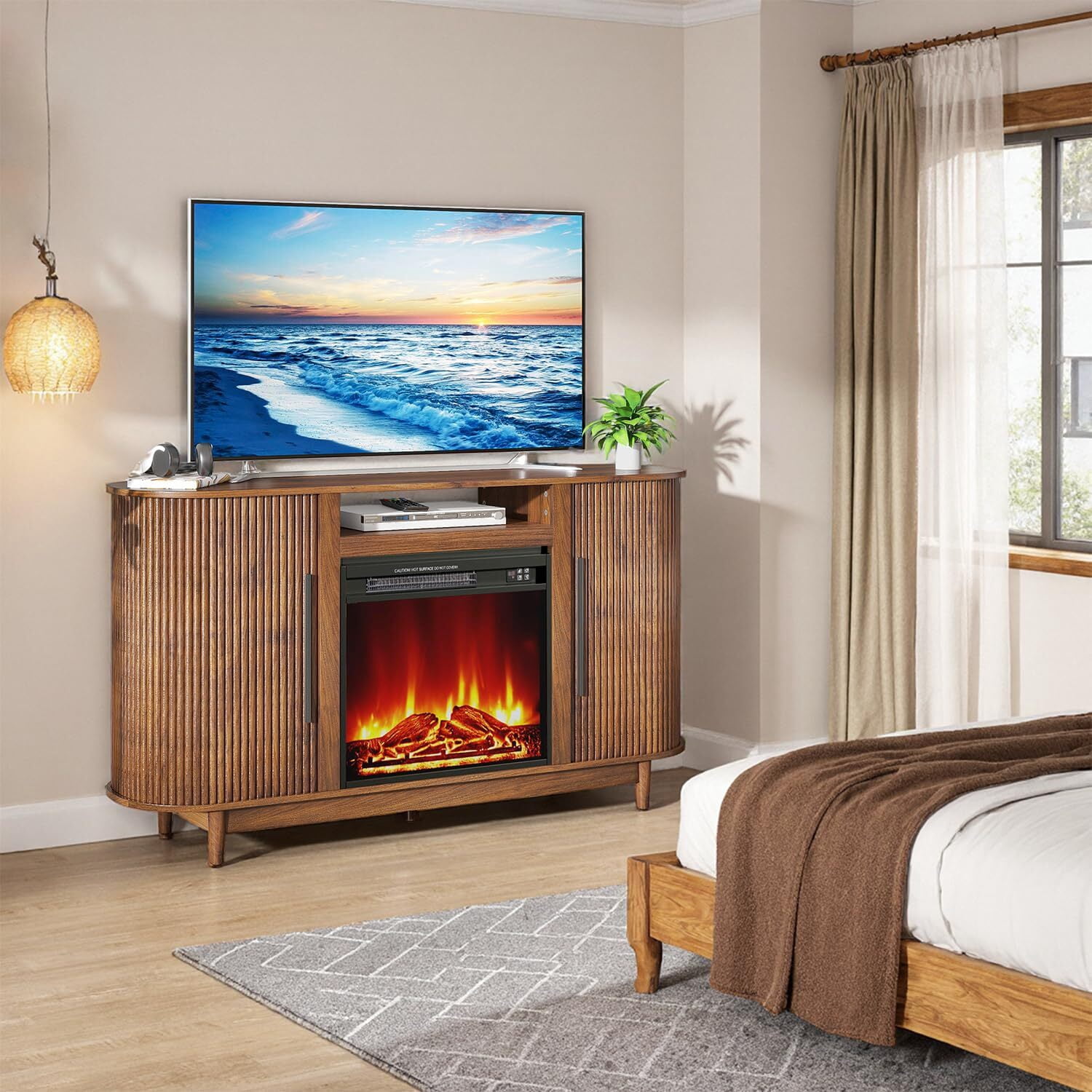 Fireplace TV Stand, Fluted Media Console with Tambour Doors for TVs up to 70", Tall Entertainment Center