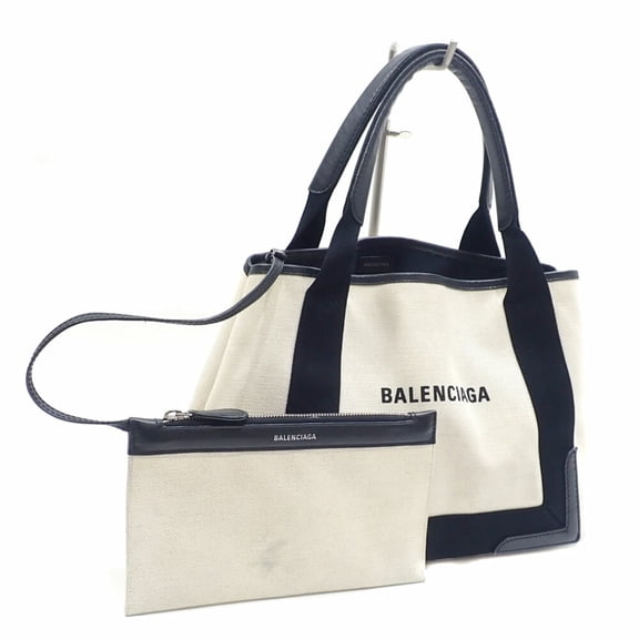 Pre-Owned Balenciaga Navy Cabas S Tote Bag, Women's, White, Black, Cotton, Leather,... (Fair)