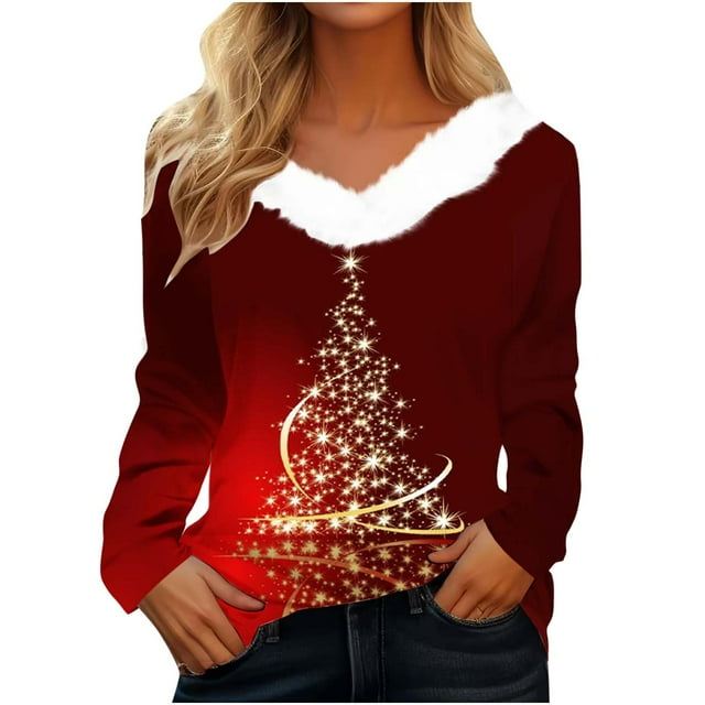 Birdeem T-Shirt de Noël en Peluche Imprimé pour Femmes Col en V Patchwork Manches Longues Ajusté