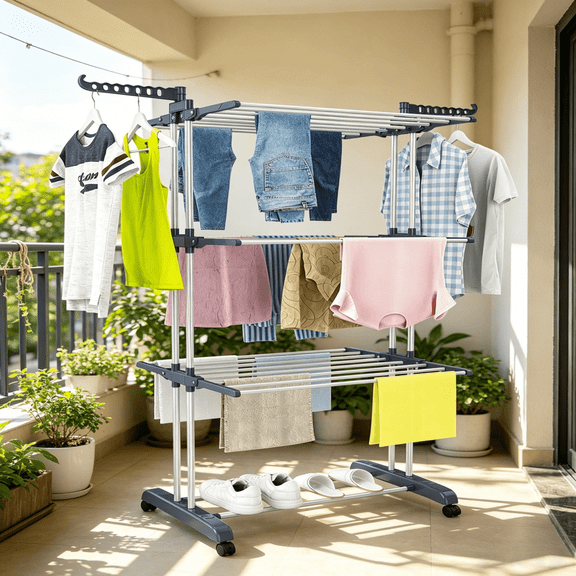 Feirrmimo Clothes Drying Rack,Oversized 4-Tier,Foldable Stainless Steel Drying Rack Clothing,Movable Drying Rack Poles