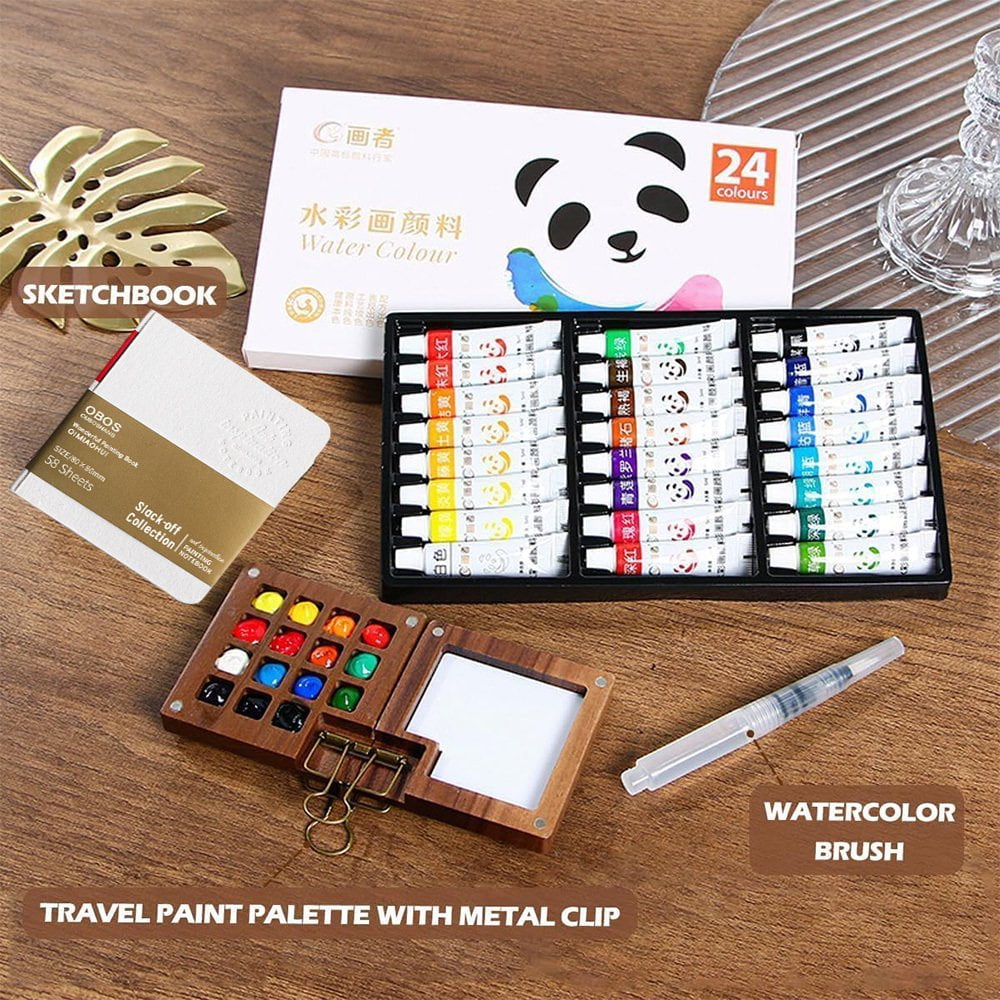Wiher Mini Watercolor Set, 24-color Portable Paint Set with Wooden Grid Box Picture Book Wate Pen and Metal Clip for Painters Artists Students (15 Grids)