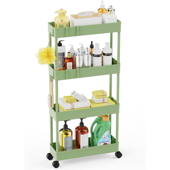 5.1" Slim Storage Cart - 4 Tiers Bathroom Organizer Mobile Shelving Unit Storage Rolling Utility Cart Slide Out Organizer for Kitchen Bathroom Laundry Narrow Places, Green