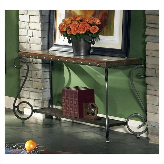 Ellery Black Metal Base Sofa Table in Cherry Finish and Tempered Glass Inlay