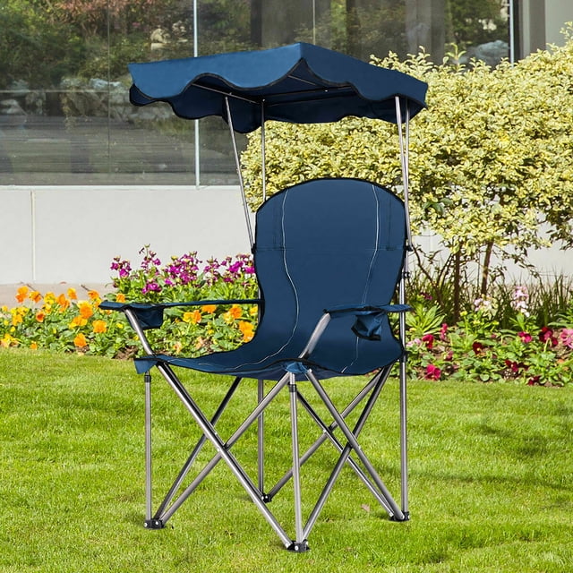 Costway Portable Folding Beach Canopy Chair W/ Cup Holders Bag Camping Hiking Outdoor Blue