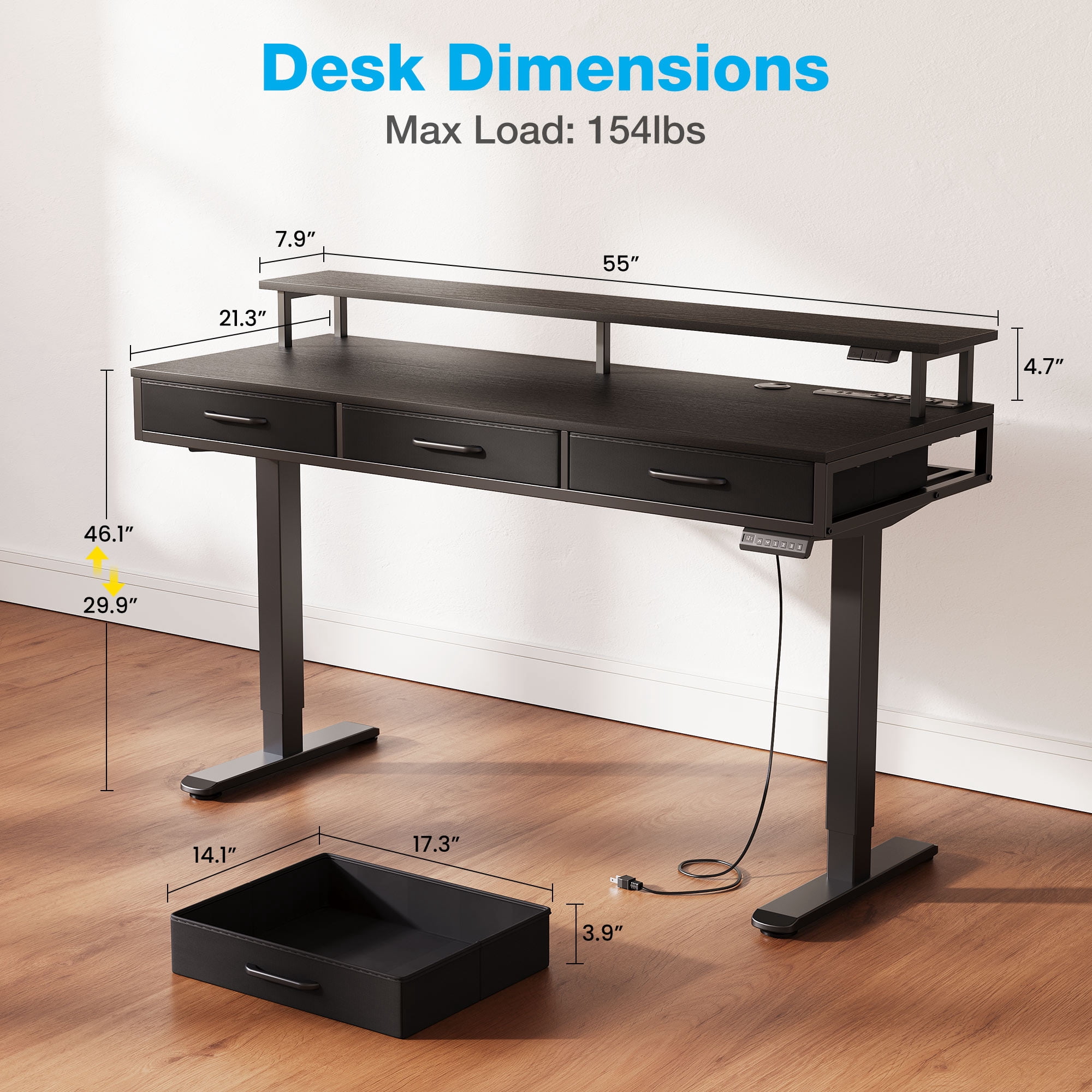 Casacomoda 55 inch Electric Standing Desk with Power Outlets and LED Lights, Adjustable Height Sit Stand Desk with Monitor Shelf & 3 Fabric Drawers for Home Office, Black