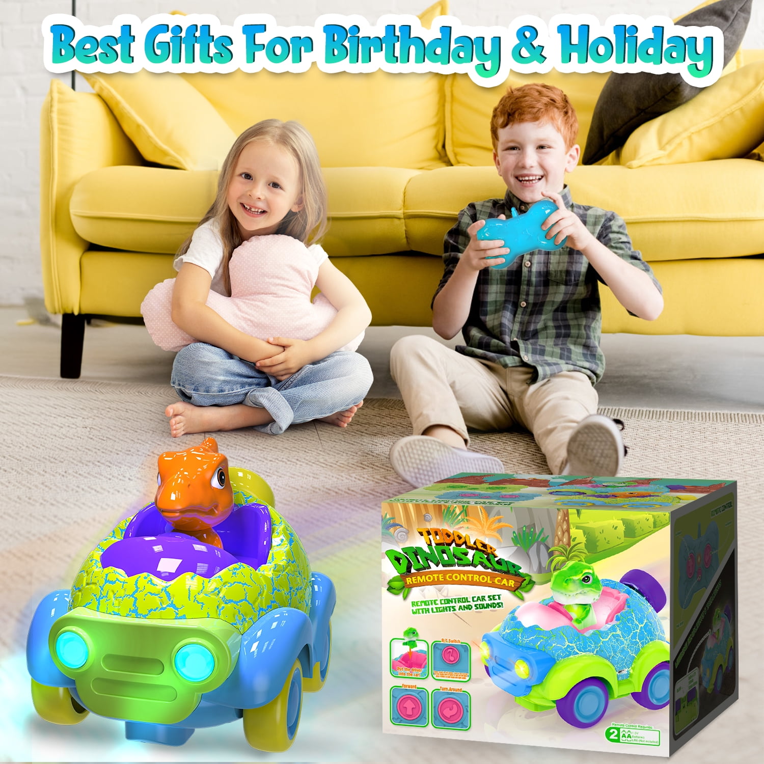 UQN Remote Control Car for Toddlers, Rechargeable Dinosaur Chasers RC Cars for Toddler Toys, with Lights & Music, Christmas Kids Gift for Ages 2 3 4 5 6 Year Old Boys Girls, Green
