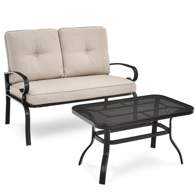 Patiojoy Ensemble de Conversation de Patio 2 Pcs Causeuse d'Extérieur avec Table à Café et Coussins Beiges
