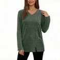 thumbnail image 2 of XPMWRP Women's Fall Fashion Long Sleeve Solid Color Shirt Dressy Casual V Neck Button Blouse Sweater Ribbed Knit Split Tunic Tops Green L, 2 of 7