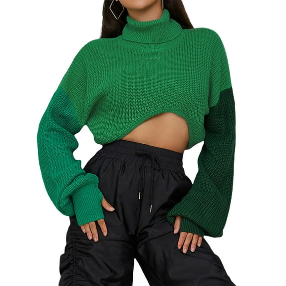KOMOO Women Ribbed Knitted Sweater Long Sleeve Cropped Sweater Short Cable Knit Pullover Jumper for Fall Winter