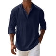 thumbnail image 4 of CQONEPT Big and Tall Mens Linen Shirt Long Sleeve Tunic V Neck Casual Soft Breathable Lightweight Casual Tee Outdoor Pullover Navy XL, 4 of 6