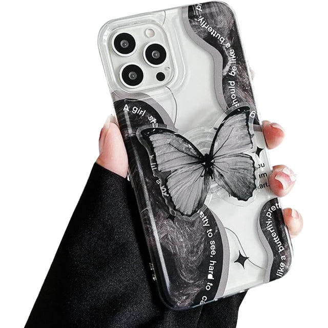 Funda de mariposa compatible con iPhone 13 Pro, diseño coreano de mariposa 3D negra con soporte Popsocket para mujeres y niñas.