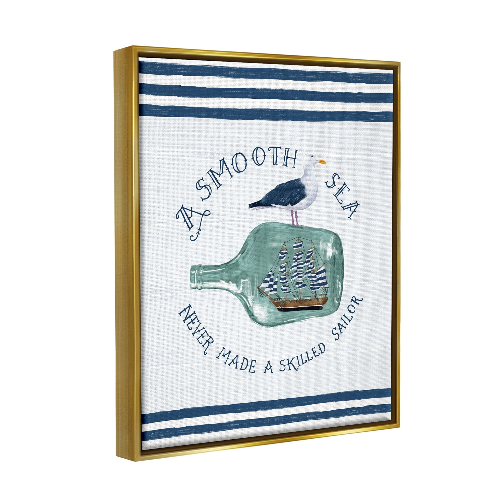 Stupell Industries Ship In Bottle Seagull Striped Nautical Phrase Graphic Art Metallic Gold Floating Framed Canvas Print Wall Art, Design by Raquel Maciel