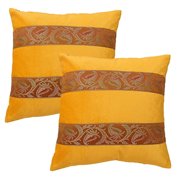 Stylo Culture Indian Sofa Throw Pillow Covers 16x16 Polydupion Brocade Jacquard Yellow Square 40cm x 40cm Home Decor Velvet Floral Zippered Cushion Covers | Set Of 2