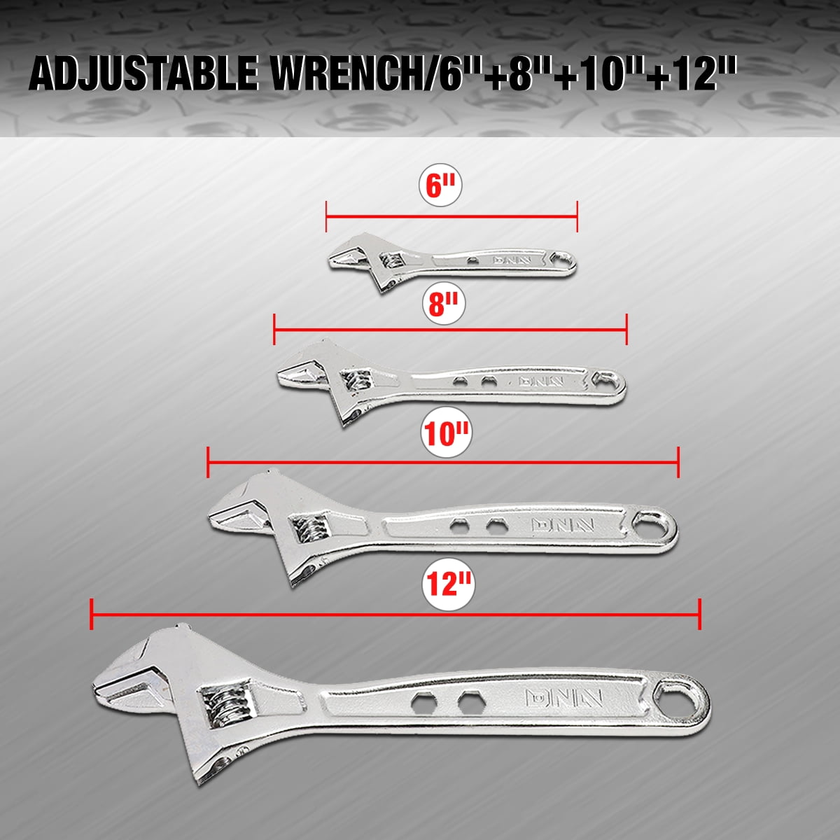 DNA Motoring TOOLS-00047 DNA MOTORING 4Pcs 6"+8"+10"+12" Chrome Vanadium Steel 0.75" to 1.5" Jaw Openning Adjustable Wrench Automotive Repair Tool Set